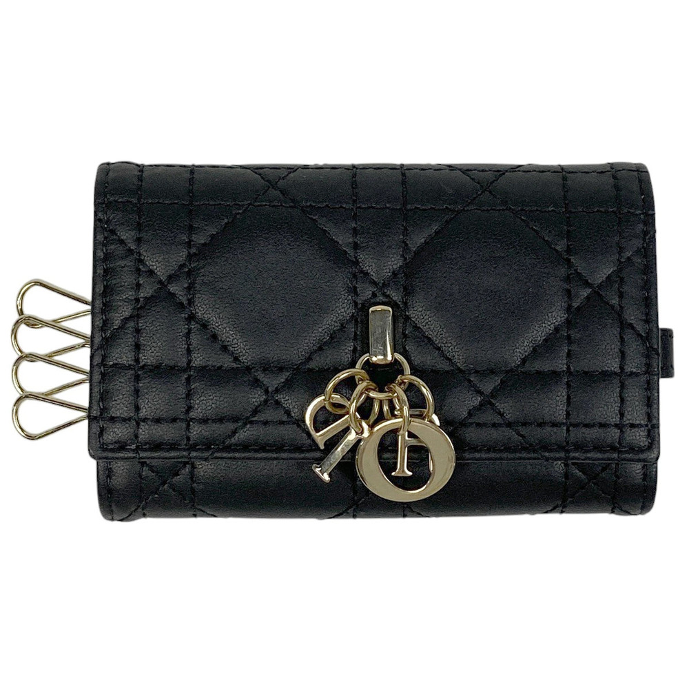 Christian Dior Lady Key Case Wallet Cannage hook leather black